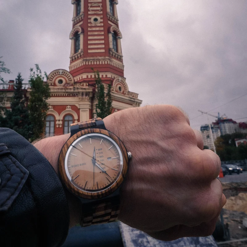 BOBO BIRD Wood Watch Men relogio masculino Week and Date Display Timepieces Lightweight Handmade Casual Wooden Watch V-O26
