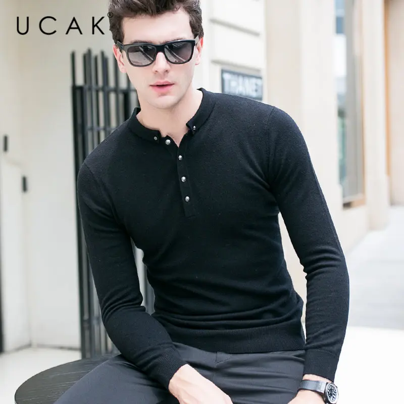UCAK Brand Merino Wool Sweater Men Autumn Winter Cashmere Sweaters Streetwear Button Small Collar Pull Homme Pullover Men U3027 UCAK Brand Merino Wool Sweater Men Autumn Winter Cashmere Sweaters Streetwear Button Small Collar Pull Homme Pullover Men U3027