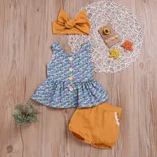 Летние комплекты одежды для маленьких девочек Одежда для новорожденных девочек наряды принцессы хлопковая футболка без рукавов Топы+ клетчатые шорты, 3 предмета