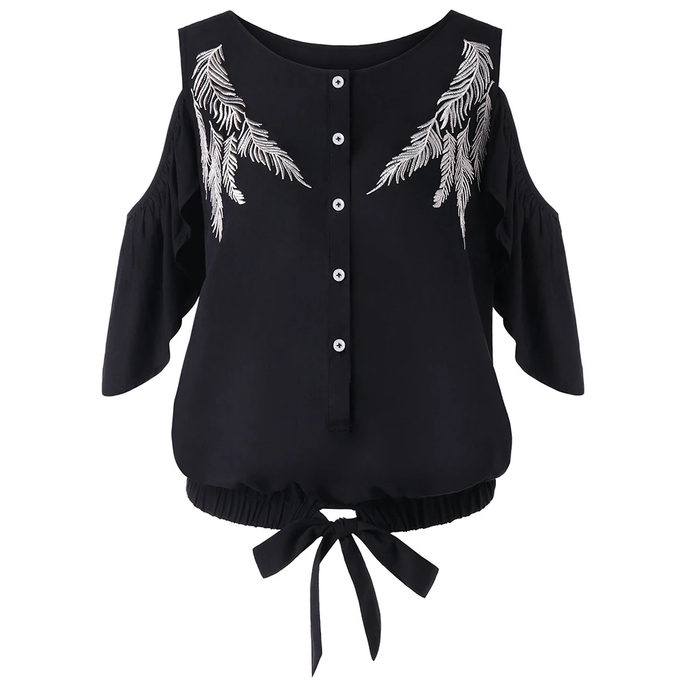 

Lortalen 2019 Tie Up Embroidered Cold Shoulder Blouse Round Neck Half Sleeves Cotton Blouses Shirts Casual Tops Blusas Mujer