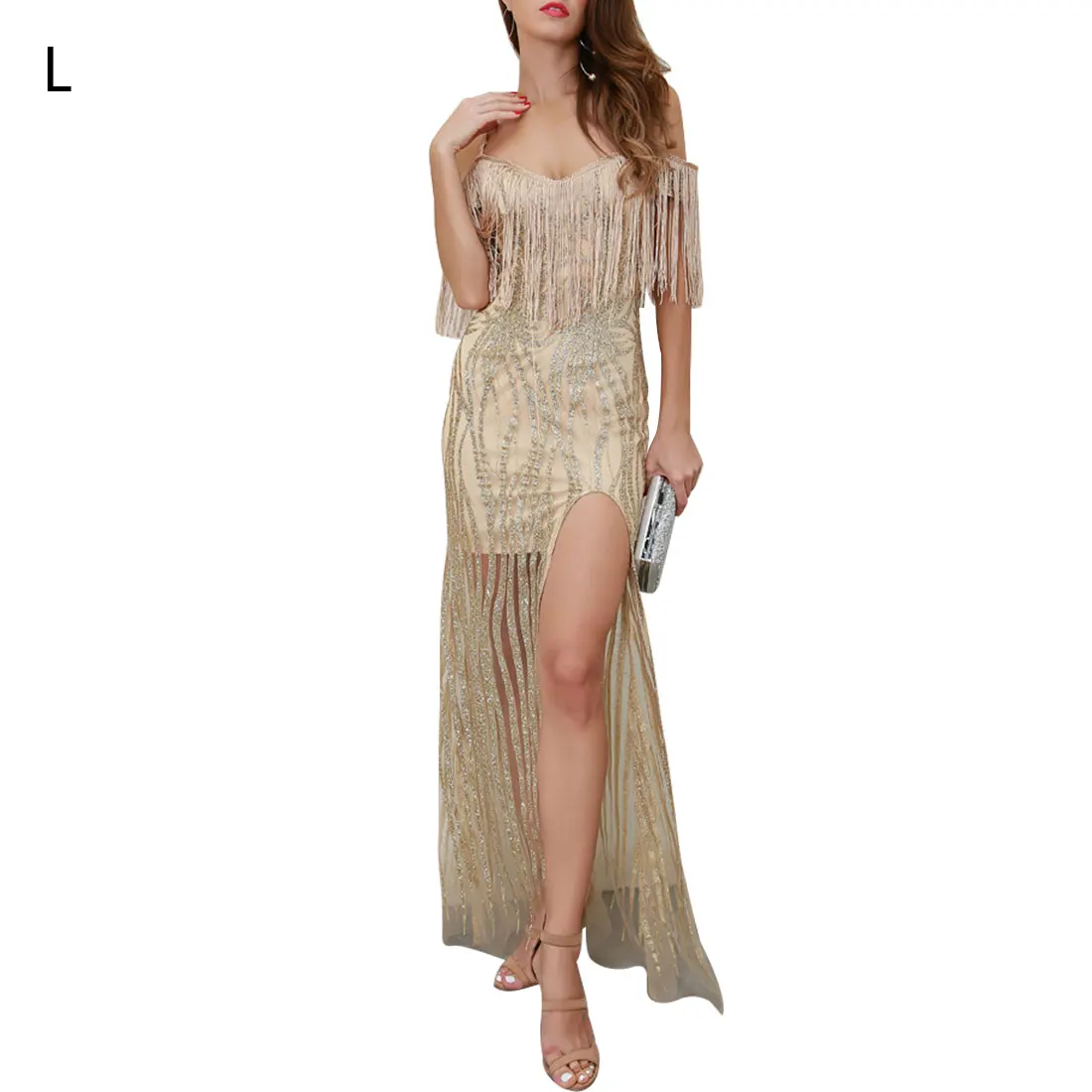 

Hot Diamond Dress European and American sling sequined sexy halter dress New V-neck deep hanging dress dress women's fringed