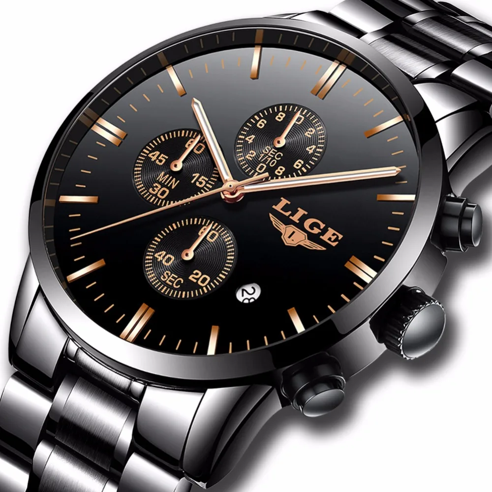 

New Watches Men Luxury Brand LIGE Chronograph Men Sports Watches Waterproof Full Steel Quartz Men's Watch Relogio Masculino 2017
