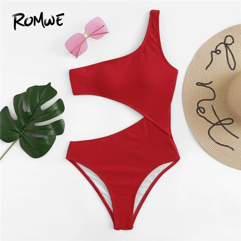 

Romwe Sport Red One Shoulder Cutout One-Piece Swimsuit Women Summer Plain Wireless Beach Vacation Sexy Monokinis Swimwear