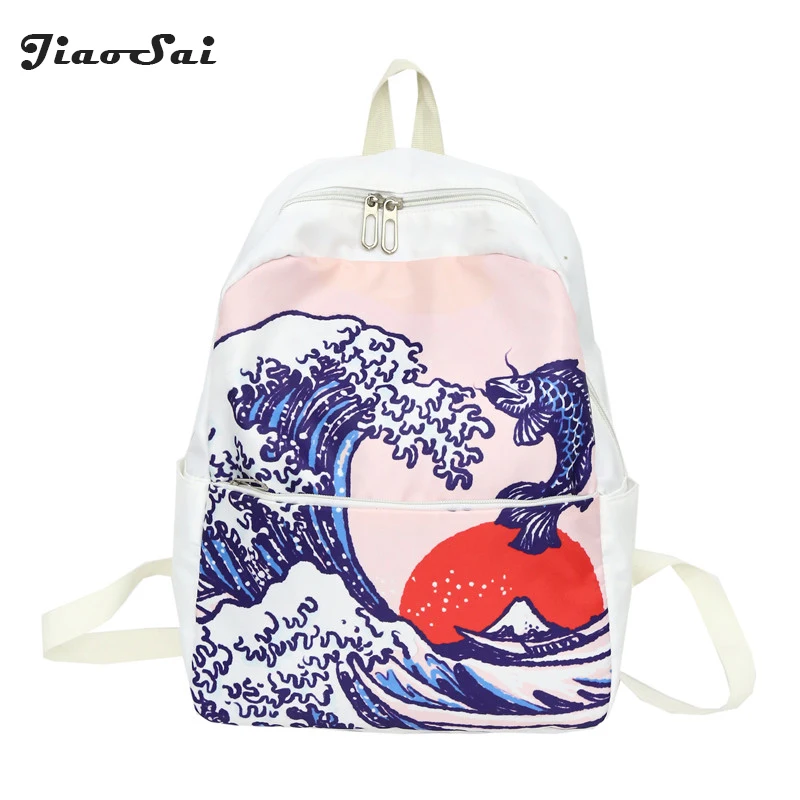 

Wave Flower Printing Women Backpack Waterproof Pu Leather Backpack For Teenager Girls Boy Japan Style Schoolbag Daypacks Men New