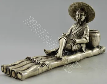 

Collectible Decorated Old Handwork Tibet Silver Carved Farmer Bamboo Boat Statue