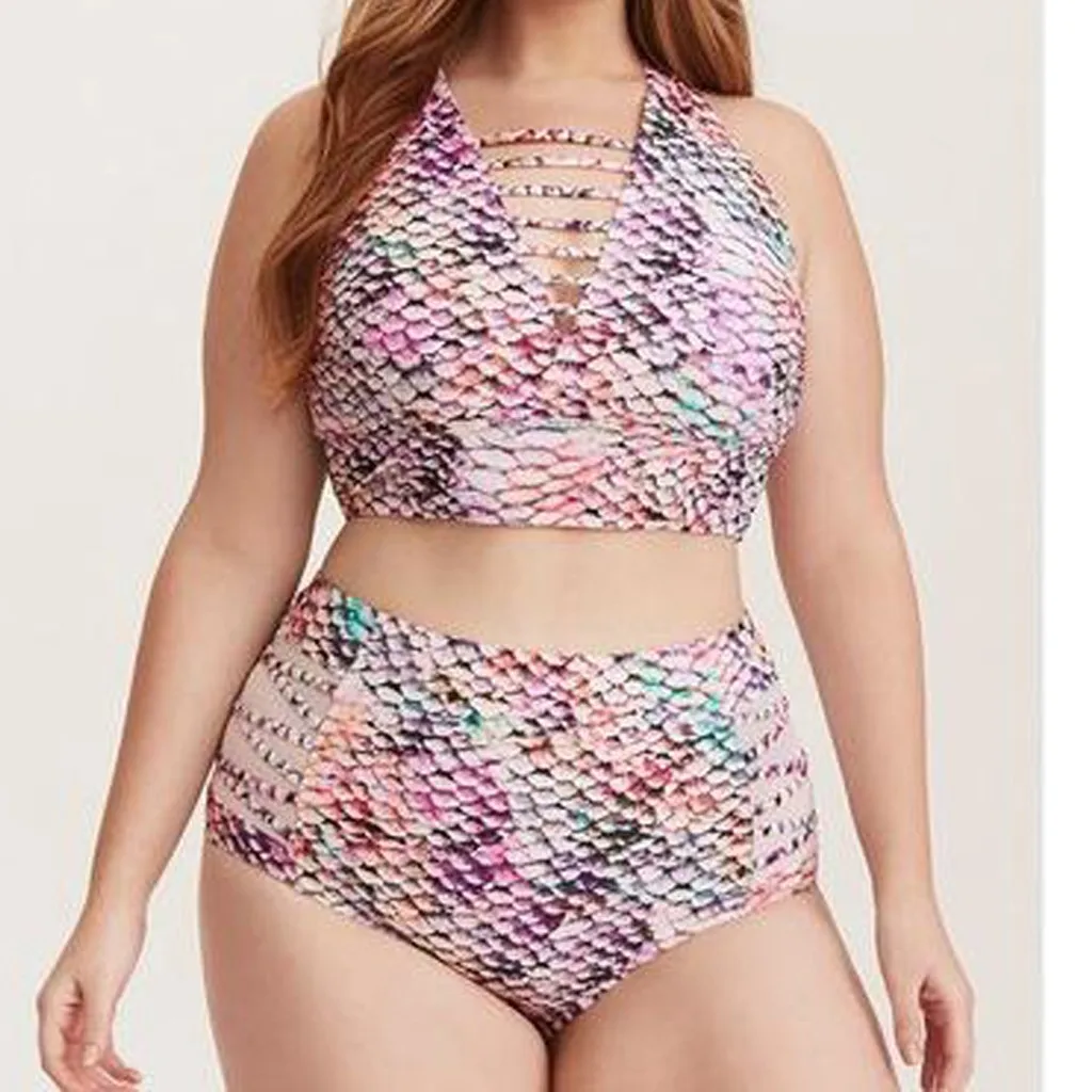 

Halter Ladies Fish Scale Print Swimwear Women High Waist Plus Size Beach Bikini Set High Cut Swimsuit Push-Up Beachwear Suit