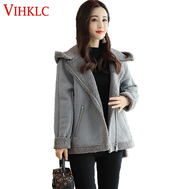 2018 Suede Lambswool Winter Jacket Women Hooded Warm Coat Parka Jacket