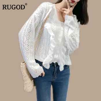 

RUGOD 2018 Fashion Hollow Out Flounce Ruffle Cardigan Women Short Knitted Sweater Women Casual V Neck Long Sleeve Top Pull Femme
