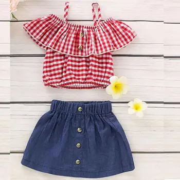 

US Toddler Kids Baby Girls Summer Outfits Clothes Off Shoulder Crop Top Grids Shirt Straps Tops+Skirt Dress 2PCS Set