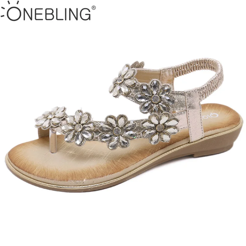 

One Bling Bohemian Sandals Women Wedding Bridal Bridesmaid Shoes Flip Flop Ring Toe Floral Rhinestone Crystal Shoes Flats