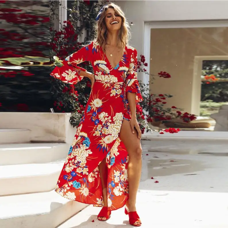 

Summer Maxi Dress Asymmetrical Floral Print Dress 2019 Flare Sleeve V-Neck Strap Side Split Sexy Party Beach Long Dress vestido
