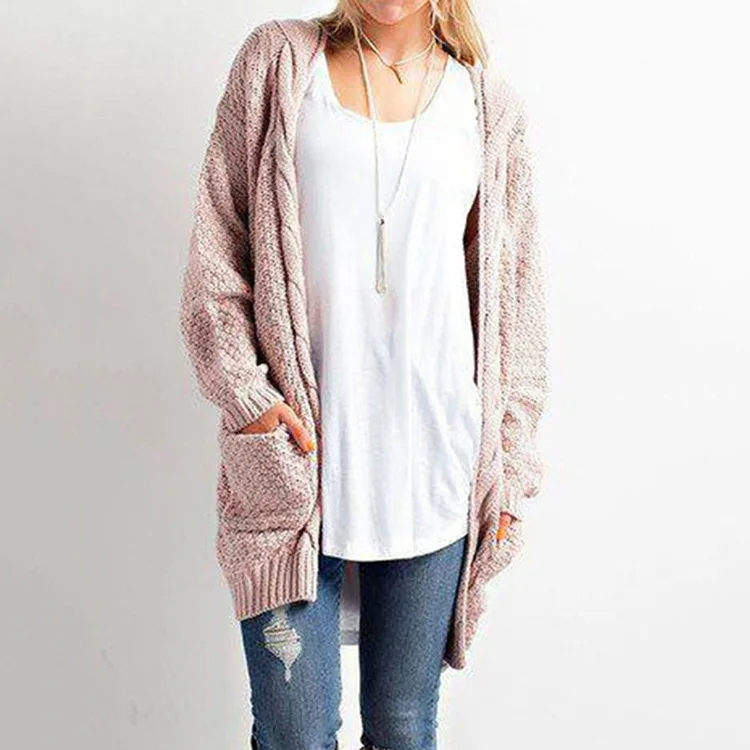 

2018 autumn and winter women sweaters new European and American wind long large size solid pocket twist knit cardigan 69205