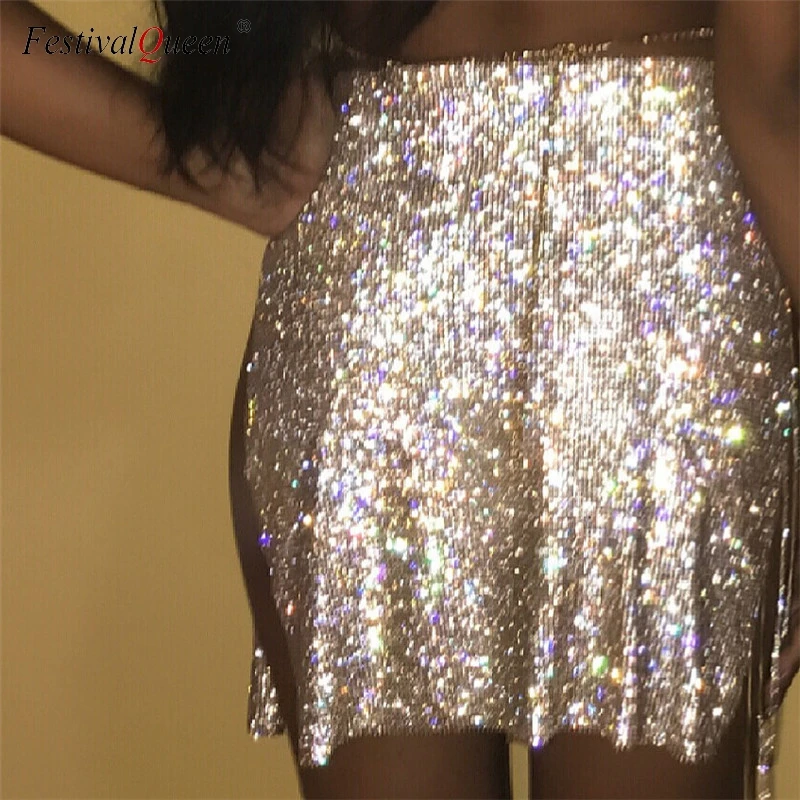 FestivalQueen الفاخرة الكريستال حجر الراين الصيف تنورة الشاطئ عارضة الشقوق شرابة سلسلة معدنية أسفل حزب البسيطة تنورة