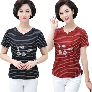 

Middle Age Women Clothing Stripe Printed Short Sleeve Tops 2020 Summer New 3XL 4XL 5XL Plus Size Mother O-Neck T Shirt Pullover