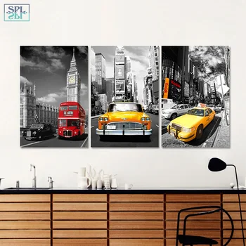 

SPLSPL Street View Yellow Red Bus Taxi Decoration Picture Big Ben Scenery Canvas Wall Art Print Poster Painting for Room