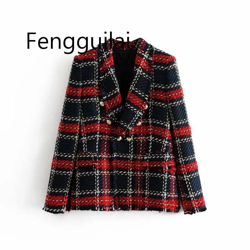 Autumn Winter Fashion  Tweed Skirt Suits Women Mini Skirt Elegant Office Lady Double Breasted Frayed Checked Plaid Blazer Casaco