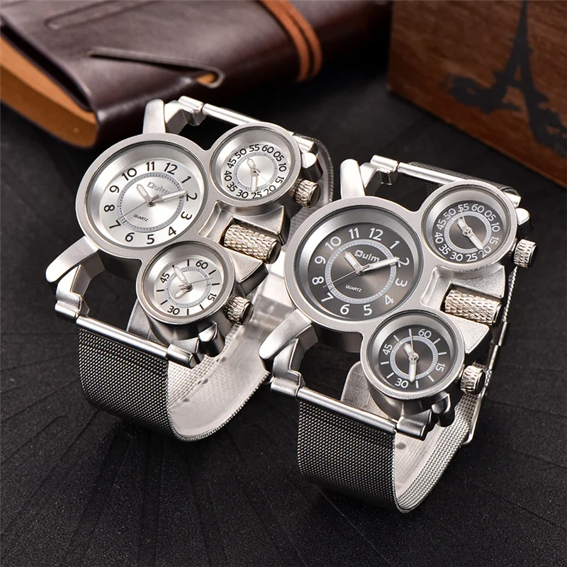 Oulm Multiple Time Zone Watch Man Mesh Steel Strap Alloy Case Three Different Time Sport Watches Men Luxury Brand Wristwatch