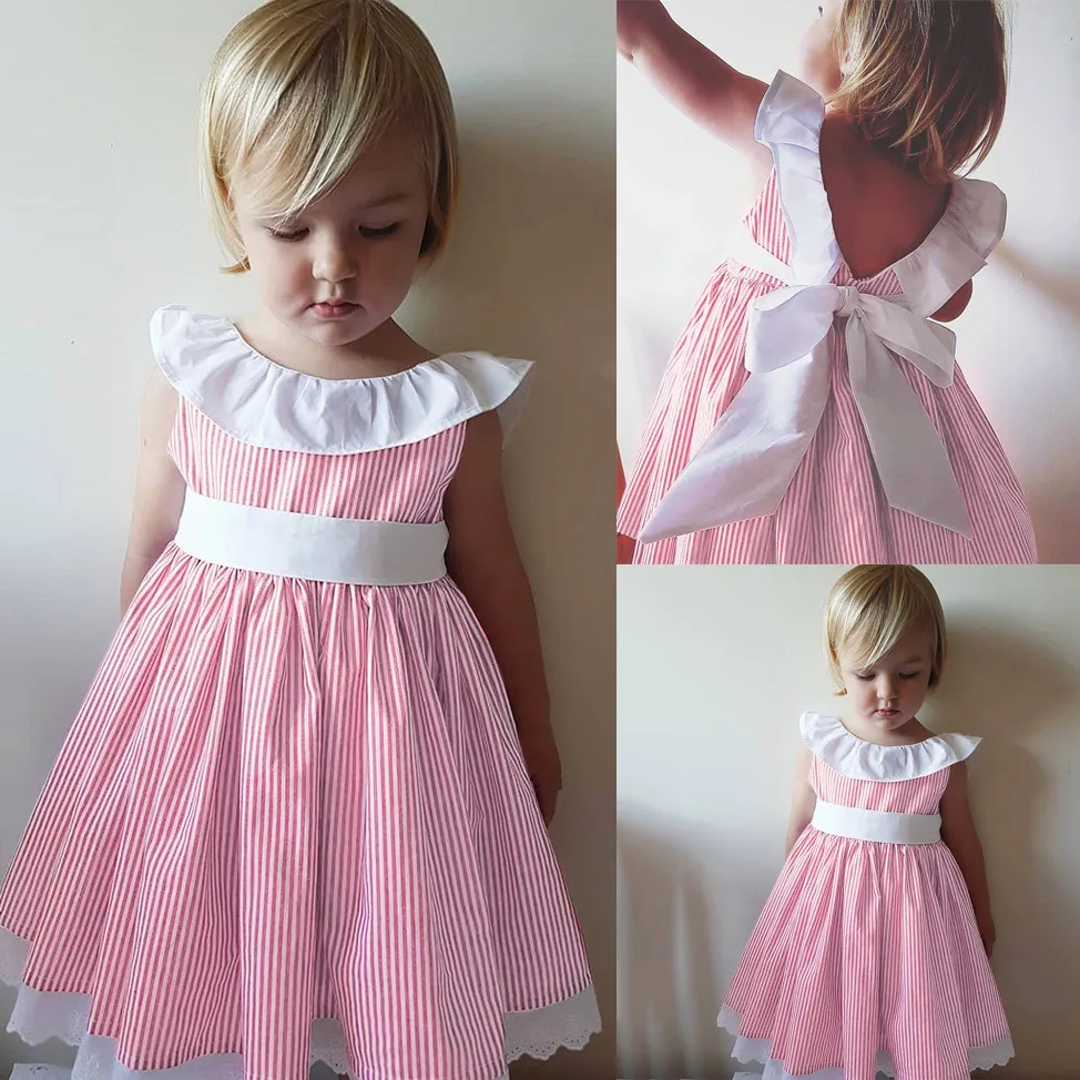 Сарафан в полоску без рукавов с рюшами для маленьких девочек платье бантом