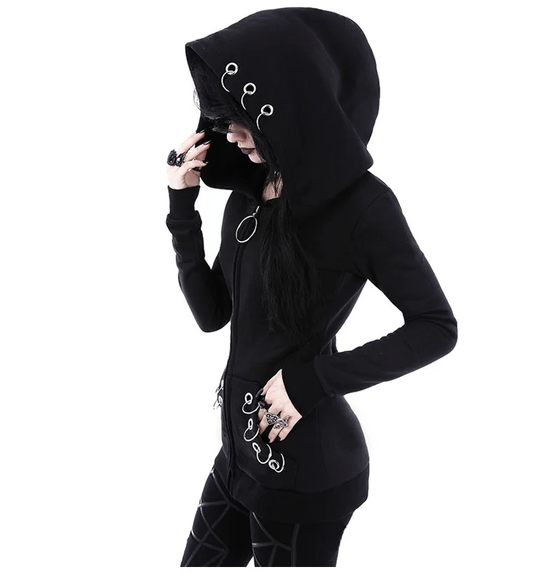 Women Hooded Hoodies Punk Iron Ring Printed Plus Size Sweatshirts Autumn Black Jacket Zipper Coat 2018 Fashion Hip Hop Tops