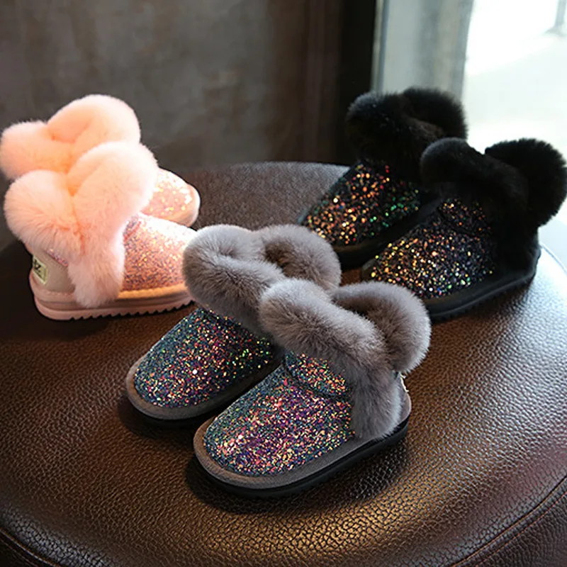 

Children Winter Snow Boots Flat Plush Soft Warm Rubber Fashion Glitter Ankle Boots Kids Girls Shoes Bling Comfortable Shoes
