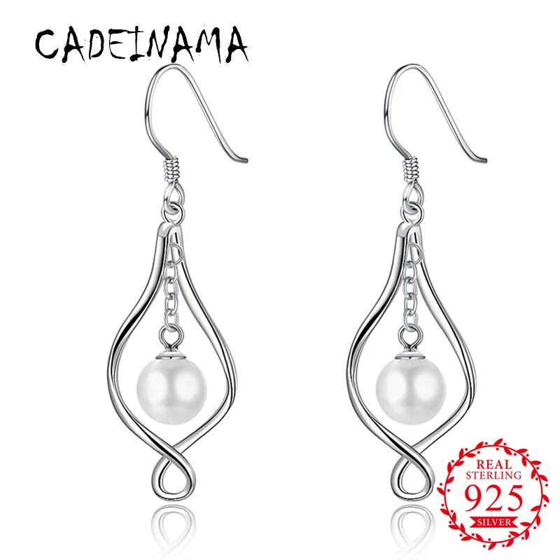 

CADEINAMA Fashion Girls Women Round Pearl Drop Earrings 100% 925 Sterling Silver Earrings Office Jewelry Best Gifts Wholesale