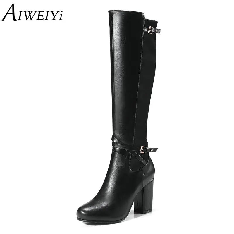 

AIWEIYi Martin Boots for Women Black Brown Square Heel High Heels Knee High Boots Winter Footwear Shoes Woman