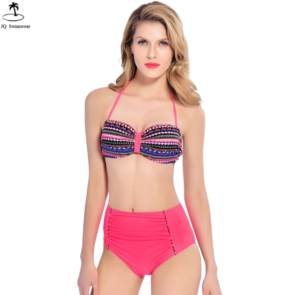 

2018 Bikini Womens Halter Retro Vintage High Waist Swimsuit Bikini Push Up Ruched Geometric Tribal Bathing Suit Swimwear Bikini