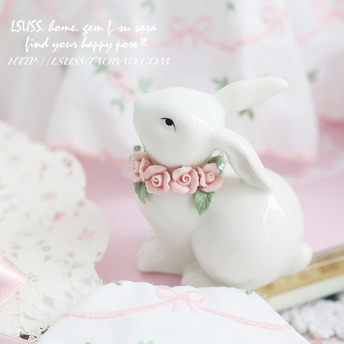 

blue pink flower ceramic small rabbit home decor crafts room decoration handicraft porcelain animal figurines wedding decoration