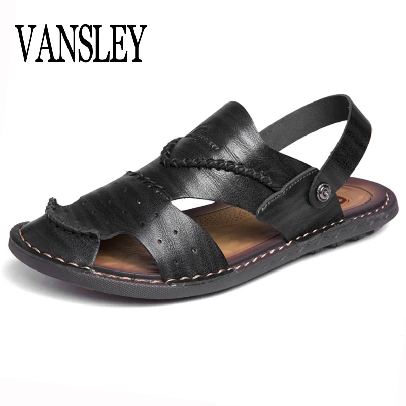 

2018 Men's Casual Shoes Fashion Sandals Summer Openwork Handmade Slippers Leather Beach Breathable Home Slippers Flip-flops