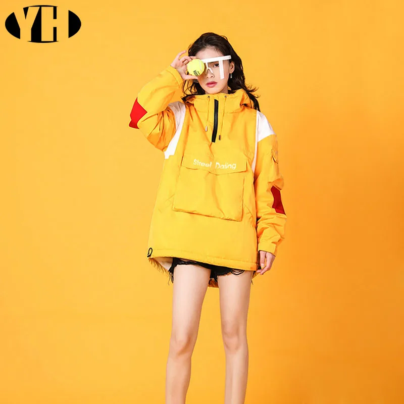 

2019 New fashion women loose sweatshirt hooded yellow sports playful tops lady brand spring clothes big pocket hip hop