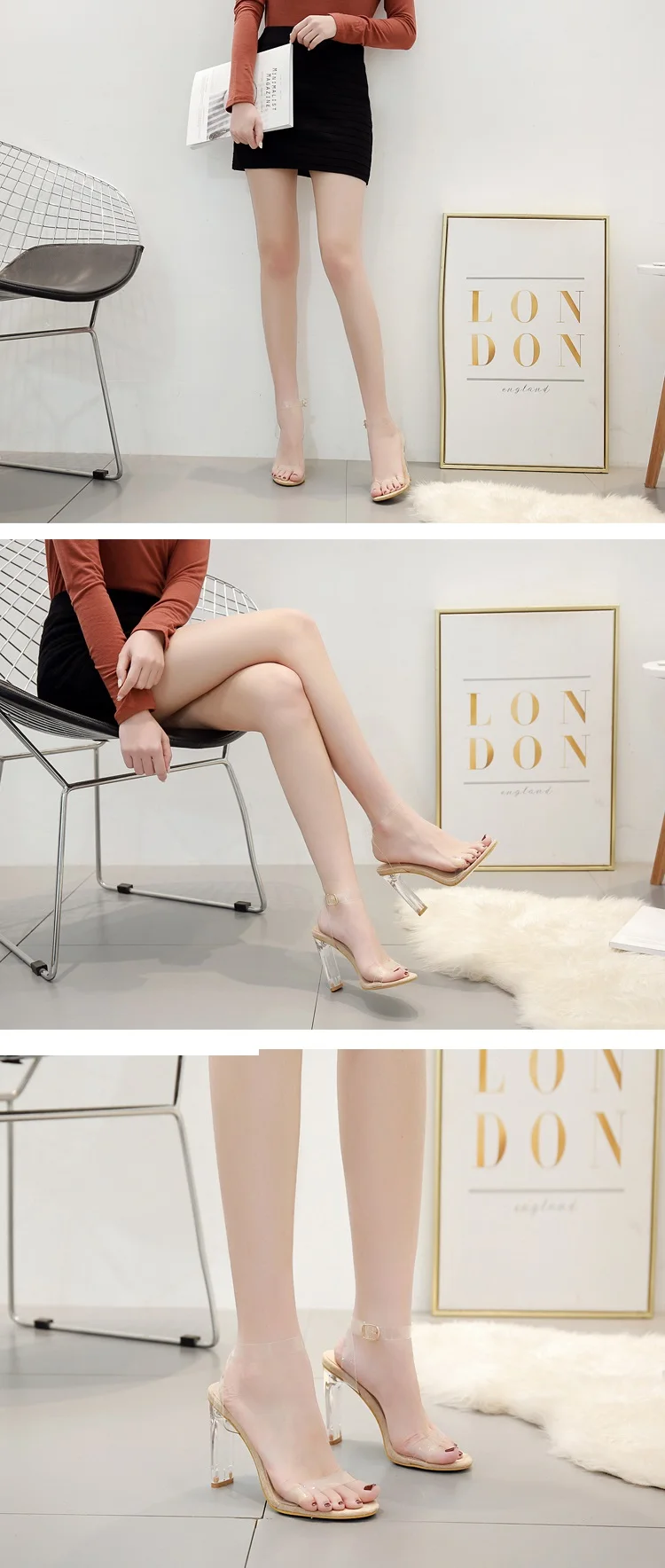 New PVC Women Sandals Ankle Strap Transparent High Heels Clear Crystal Buckle Strap High Quality Shoes size 35-42