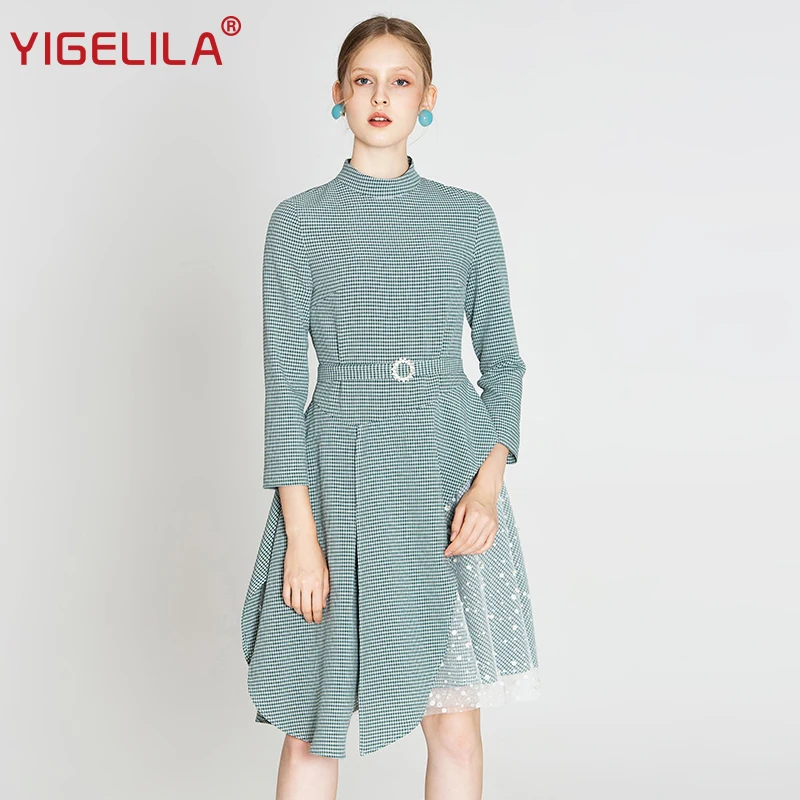 Женское платье YIGELILA облегающее кружевное в клетку с о вырезом и рукавом три