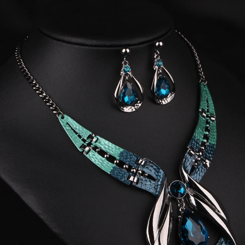 Austrian Crystal Jewelry Sets Fashion Blue Choker Collar Necklace dangle earring Jewellery Silver Plated Bridal Wedding Jewelry