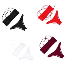Women Sexy Two Piece Bikini Set Solid Color Brazilian Style Swimsuit Low Waist Thong Spaghetti Criss Cross Strappy Bandage Band sweet style strappy criss cross floral print swimsuit for women