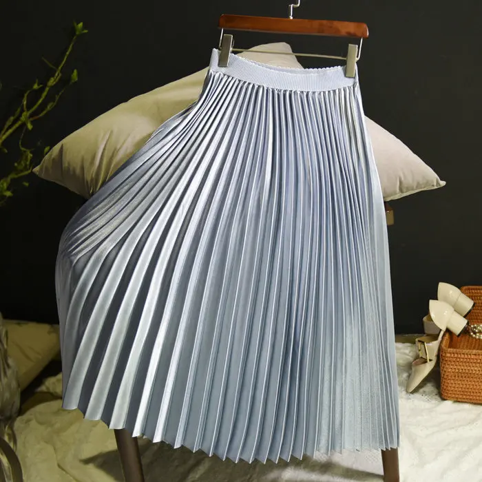 Весна Лето Новая женская однотонная сатиновая плиссированная юбка металлического цвета женские юбки с завышенной талией