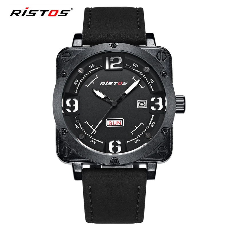 

RISTOS Square Calendar Men Watch New Fashion Sport Genuine Leather Quartz Watches Waterproof Army Male Wristwatch Boutique Clock