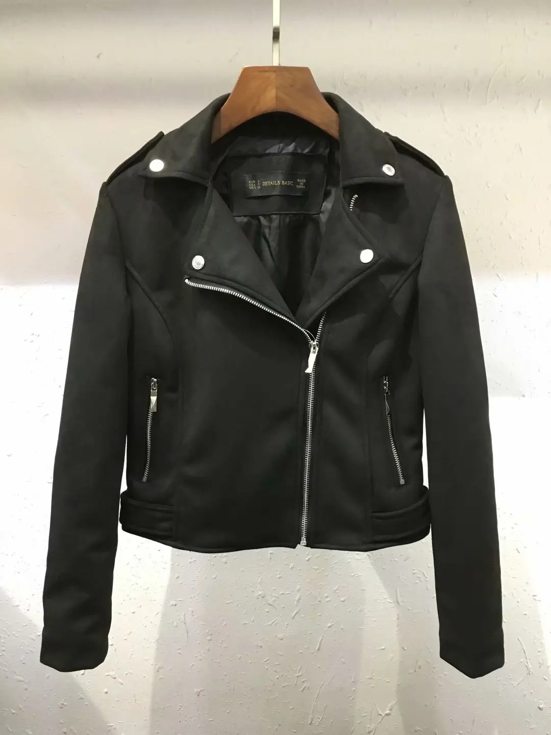 S-XL, тонкая короткая модная кожаная куртка, куртки из оленьей кожи, женское замшевое одноцветное пальто из искусственной кожи - Цвет: Черный