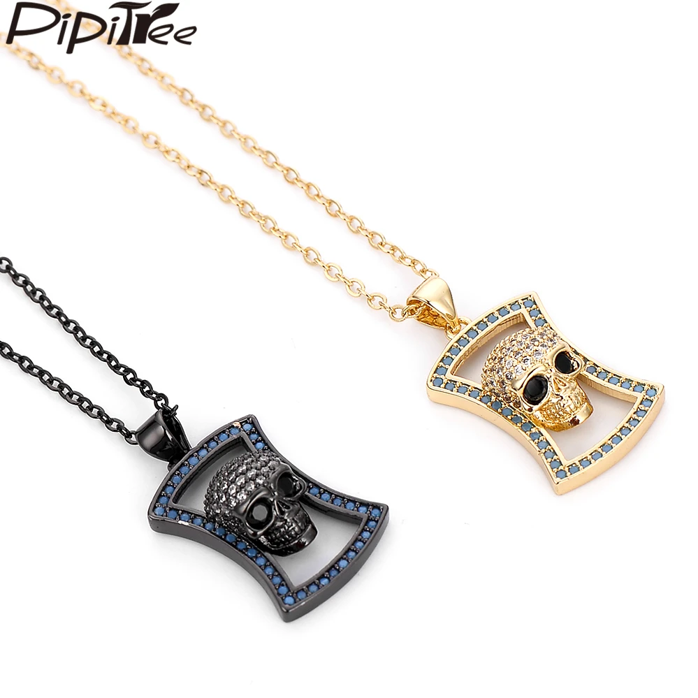 

Pipitree Fashion Copper AAA CZ Zircon Skull Pendant Men Necklace Punk Vintage Link Chain Men's Pendant Necklaces Jewelry