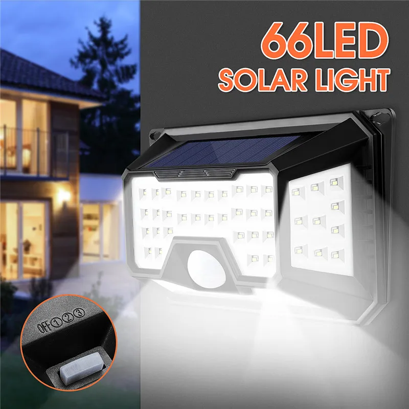 

Super Bright Solar Light 66LED 2835s Motion Sensor Waterproof IP65 3 Lighting Mode Night Light Garden Wall Terrace Fence