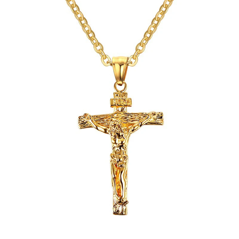 Full Gold color Link Chain Jesus Cross Pendant Necklace For Women Andn