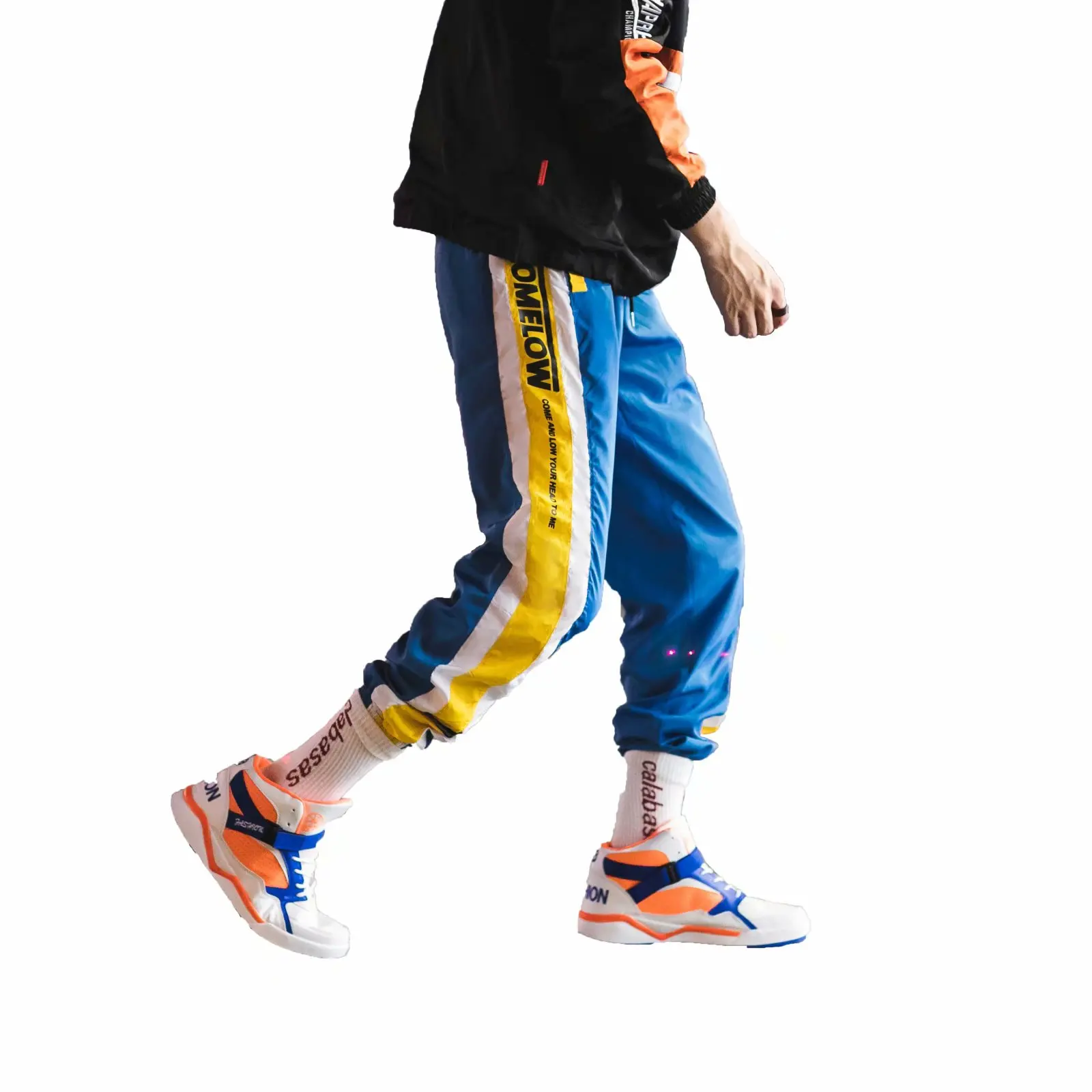 

Men's Cool Pants Pocket Loose Men Cool HipHop Striped New Fashion Blue&Yellow Joggers Pants Trousers Men Streetwear