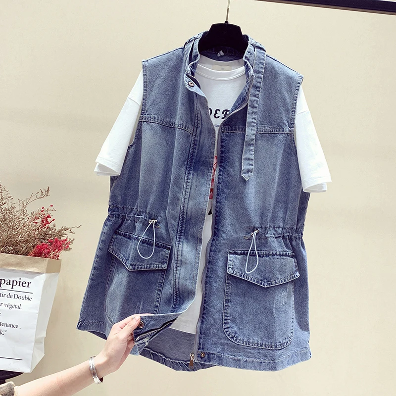 

Summer Adjustable Waist Vintage Jeans Vest Women Sleeveless Jacket Spring Pocket Mid-Long Denim Coat Plus Size Female Outwear