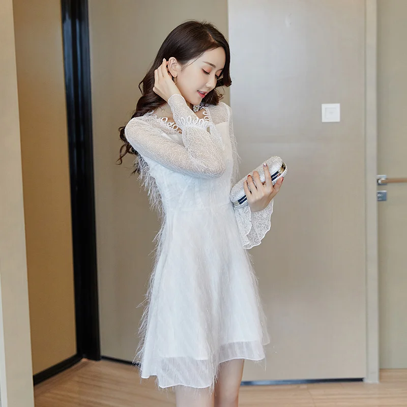 JIBAIYI Sexy V Neck Transparent Mesh Lady Party Dress Women Slim Spring Long Flare Sleeve Lace Dress Elegant Mini White Vestidos JIBAIYI Sexy V Neck Transparent Mesh Lady Party Dress Women Slim Spring Long Flare Sleeve Lace Dress Elegant Mini White Vestidos