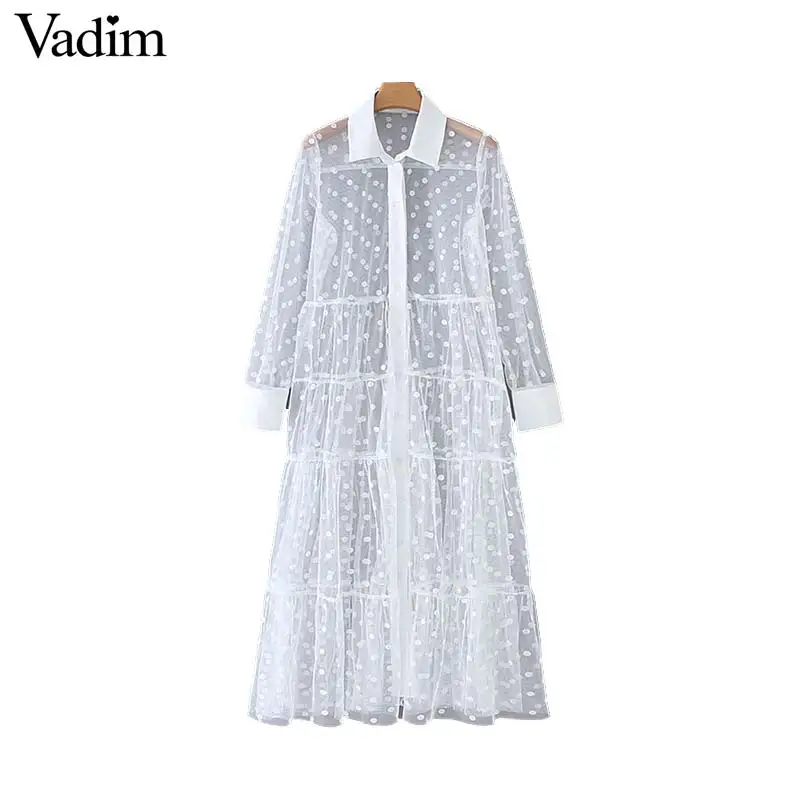 Vadim женское стильное лоскутное Прозрачное платье-рубашка миди в горошек с длинным рукавом, женские шикарные сексуальные сетчатые платья vestidos QB670