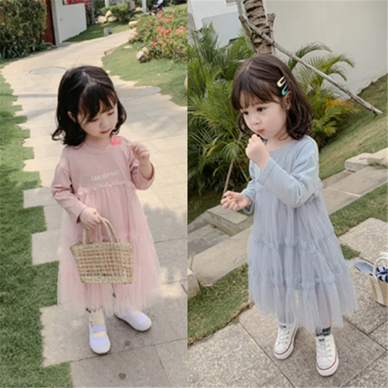 

2019 Baby Girls Long Sleeve Letter Print Cotton with Lace Long Length Princess Dresses Toddler Kids Cotton A Line Dress