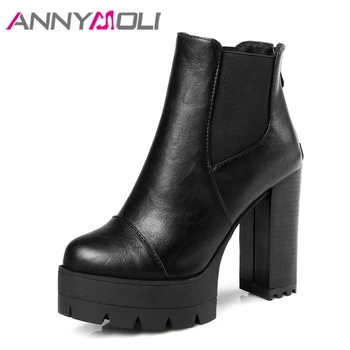 

ANNYMOLI Winter Shoes Women Ankle Boots Platform High Heels Female Black Boots Thick Heel Ladies Female Shoes 2018 Size 33-43