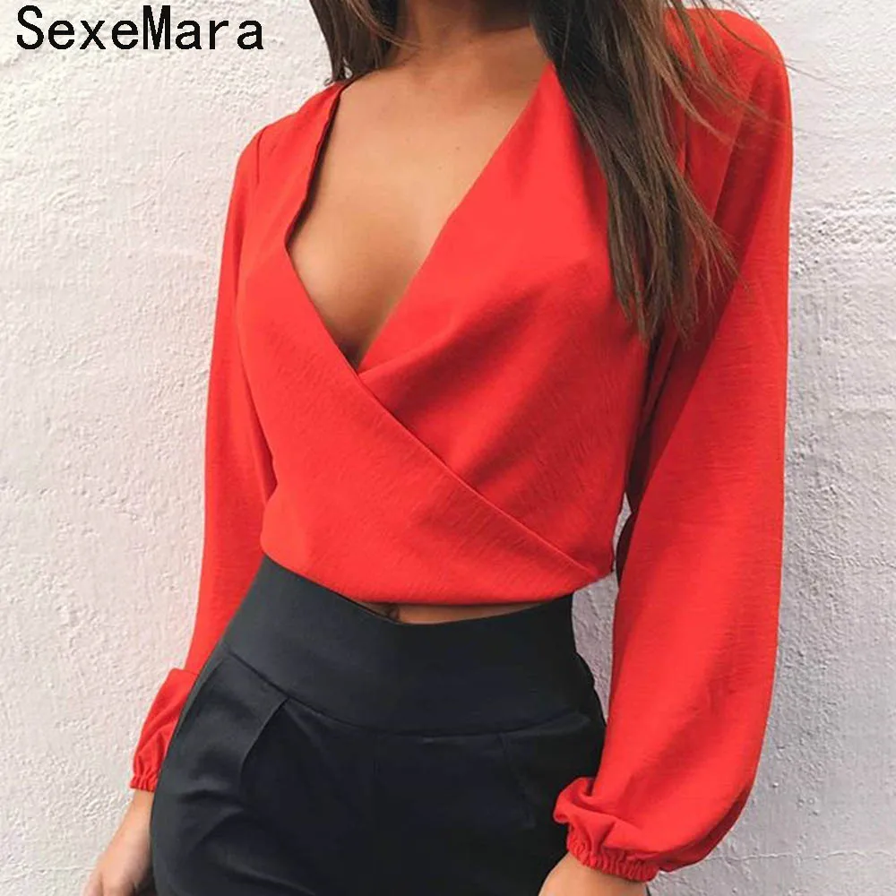 Sexy V Neck Wrap Sheath Exposed Navel Short Top Bow Tie Autumn Shirts Chiffon Women Blouses 2017 