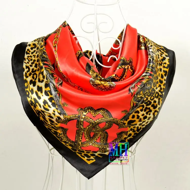 leopard red black Элегантный женский большой квадратный шелковый шарф с принтом, 90*90 см, модный весенний и осенний серый и фиолетовый Шелковый шарф из полиэстера, шаль - Цвет: leopard red black