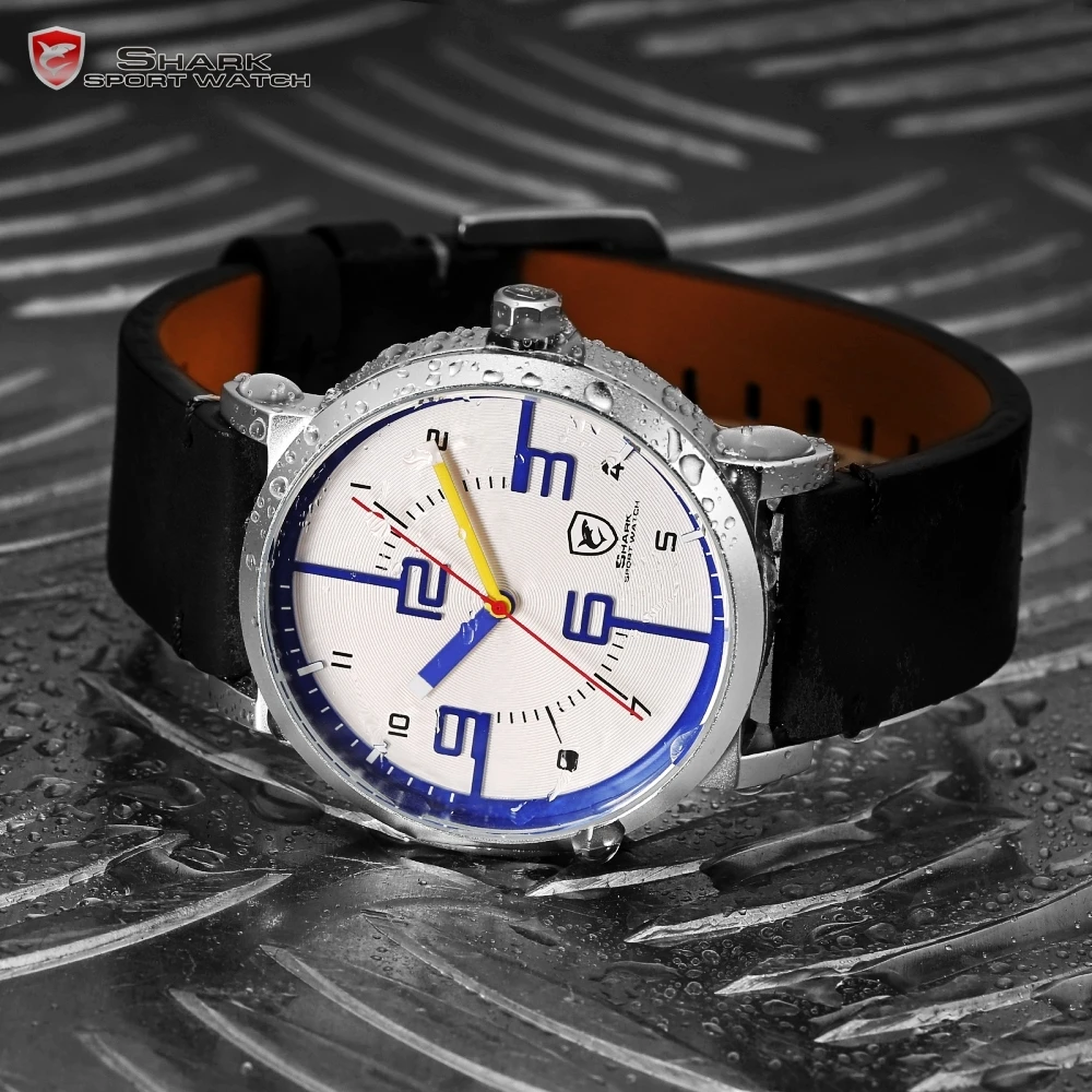 Bahamas Saw SHARK Sport Watch Top Brand Designer White Blue Simple Dial Men Crazy Horse Black Leather Band Quartz Watches /SH570