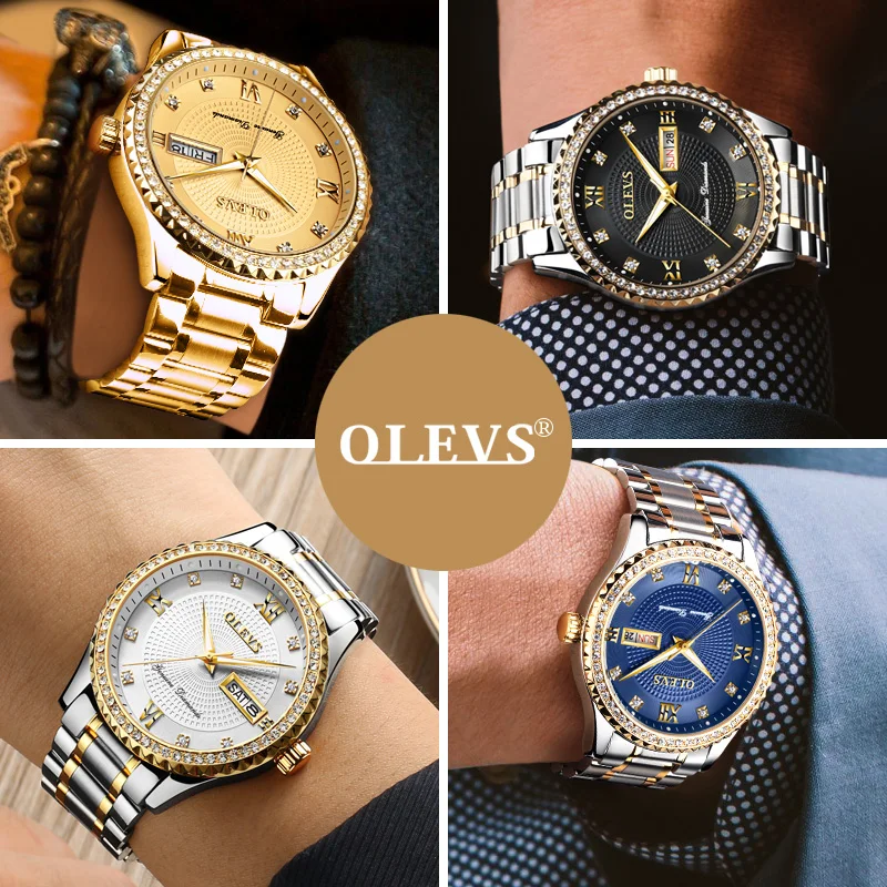 OLEVS Luxury Gold Diamond Men Watches Top Brand Luminous Dial Steel Bracelet Watchband Date Male Clock Business Wristwatch 6618
